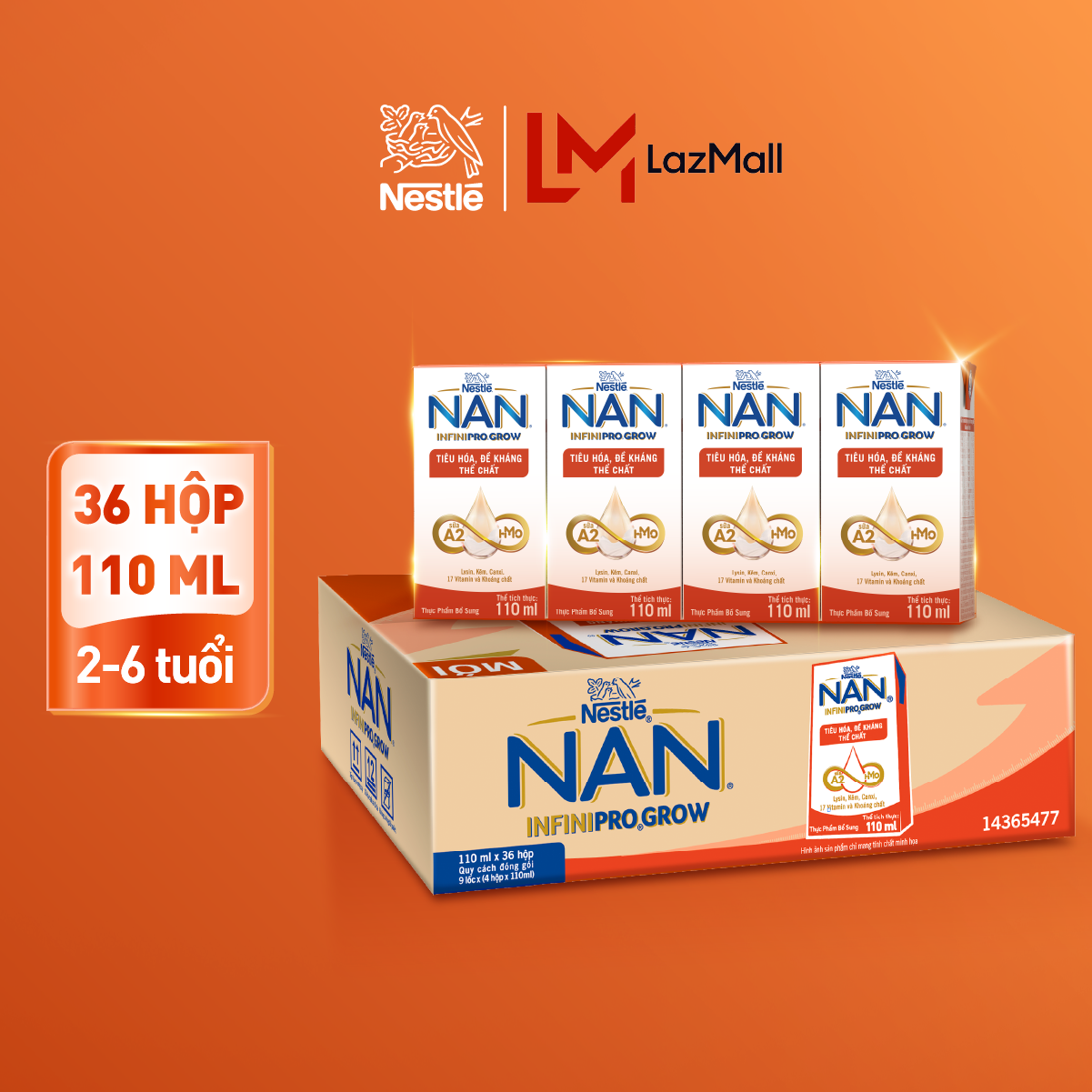 [CHỈ 20H 07-10.08 QT ĐƠN 599K/999K/1299K]Thùng 36 hộp sữa pha sẵn Nestle NAN INFINIPRO GROW với công thức vượt trội kết hợp sữa A2 và HMO hỗ trợ tiêu hóa đề kháng và phát triển thể chất (4x110ml)