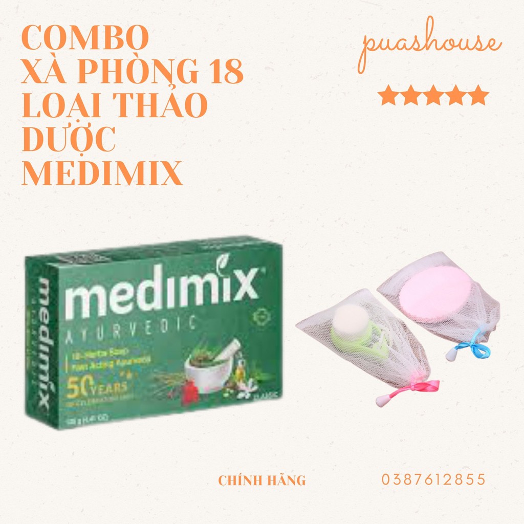 Combo Xà Phòng Medimix Thảo Dược 18 Herbs 12G Kèm Lưới Tạo Bọt Tiện Dụng