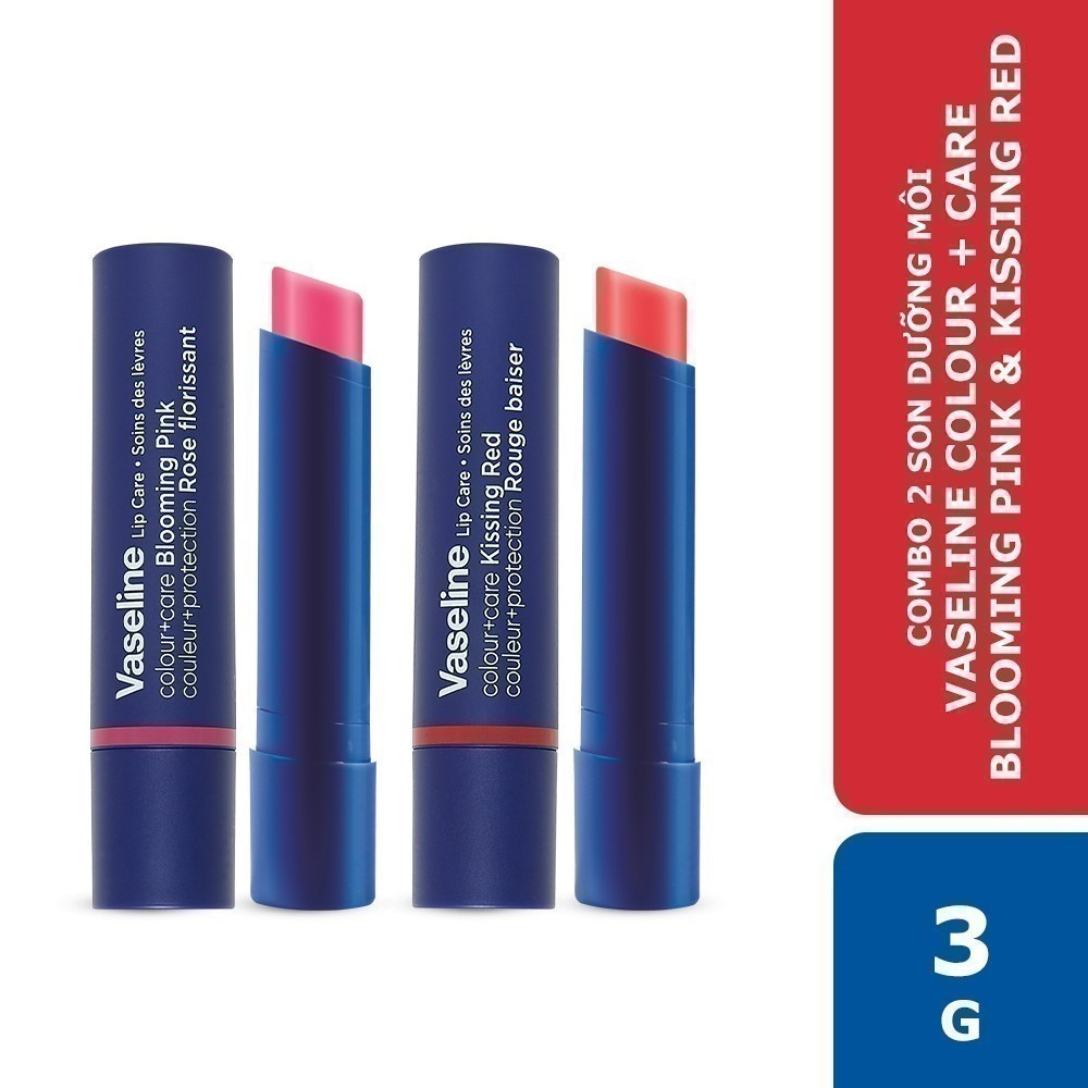 Combo 2 Son dưỡng môi Vaseline Colour+Care Blooming Pink & Kissing Red 3g
