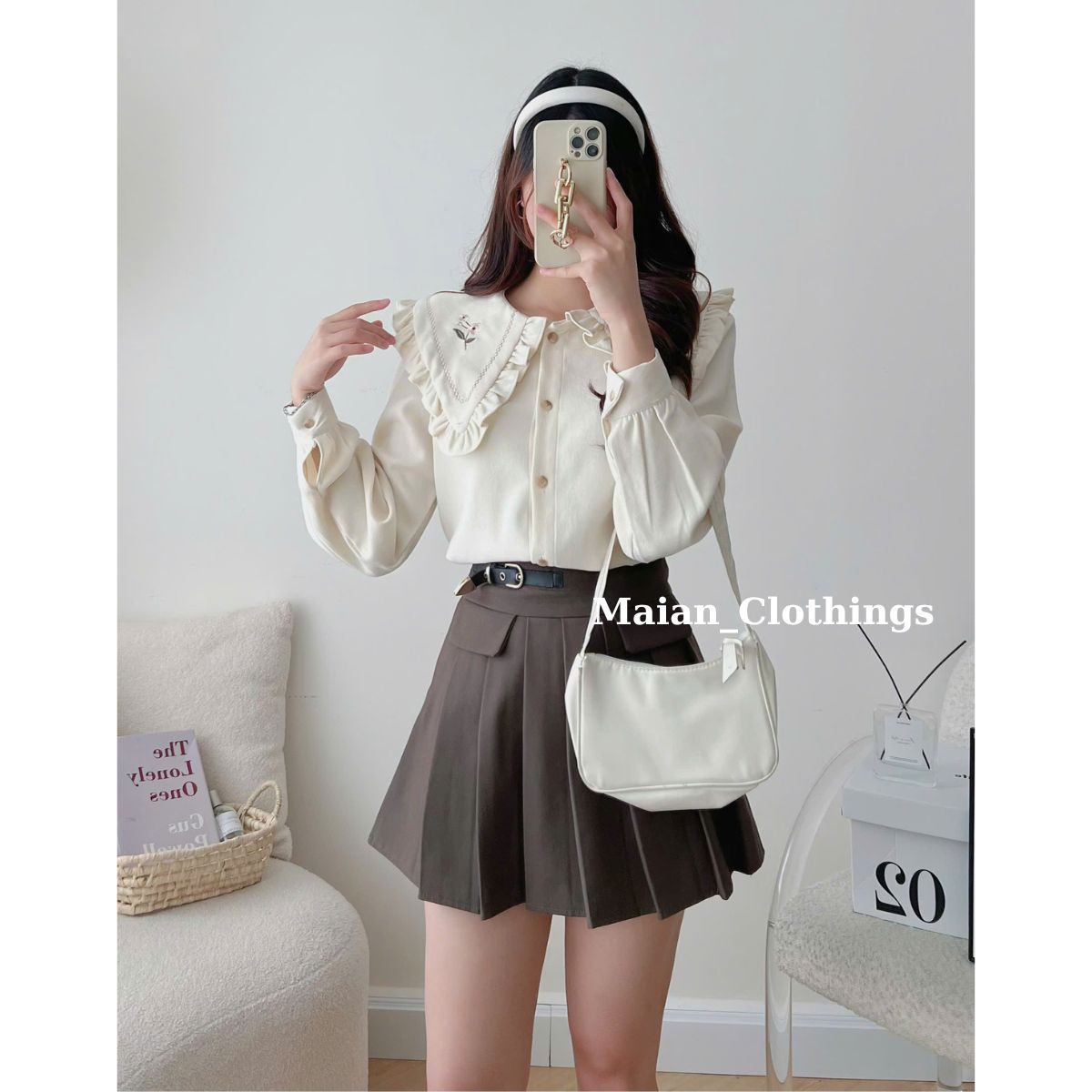 Áo sơ mi nữ cổ bèo A.8664áo thêu họa tiết bông tuyết siêu xinh phong cách Hàn Quốc thời trang công s