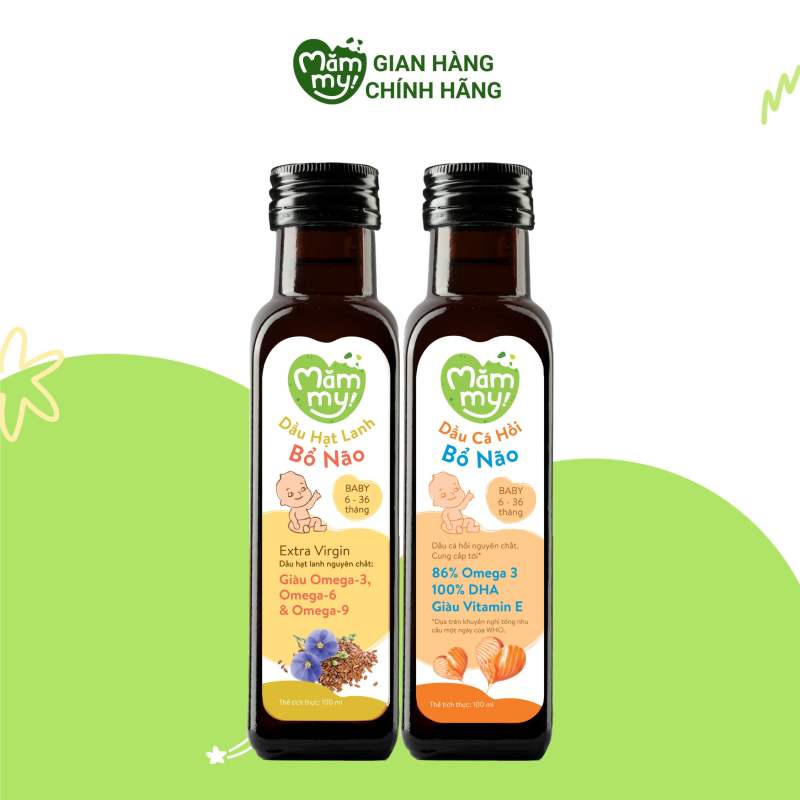 Combo 2 Chai Dầu Cá Hồi Na Uy Và Dầu Hạt Lanh MĂMMY - Dầu Ăn Dặm Hữu Cơ Bổ Não Giàu Omega 3