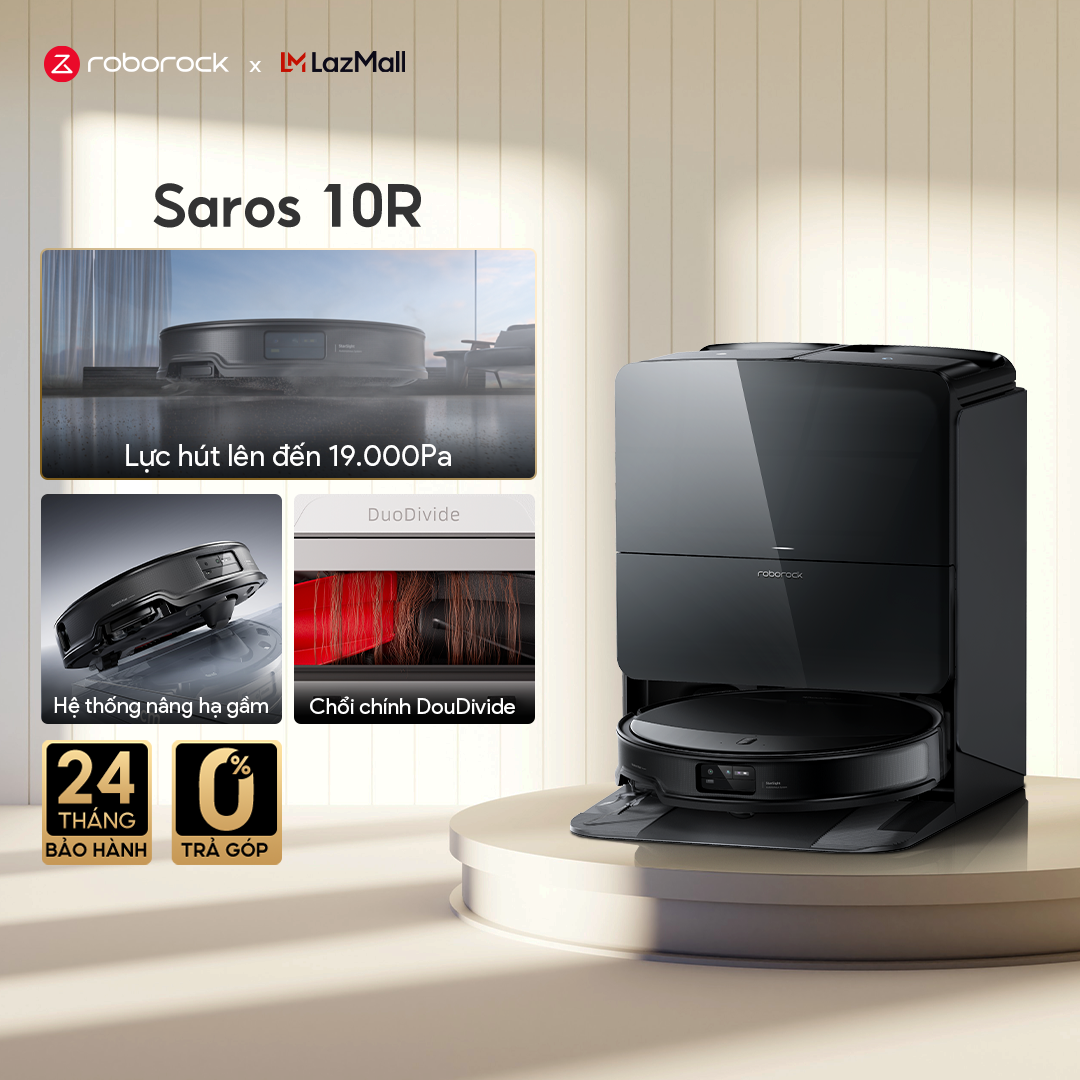 Robot hút bụi lau nhà Roborock Saros 10R - Trắng, Kích thước 35x35x9.5cm, Dung lượng thùng rác 0.5L