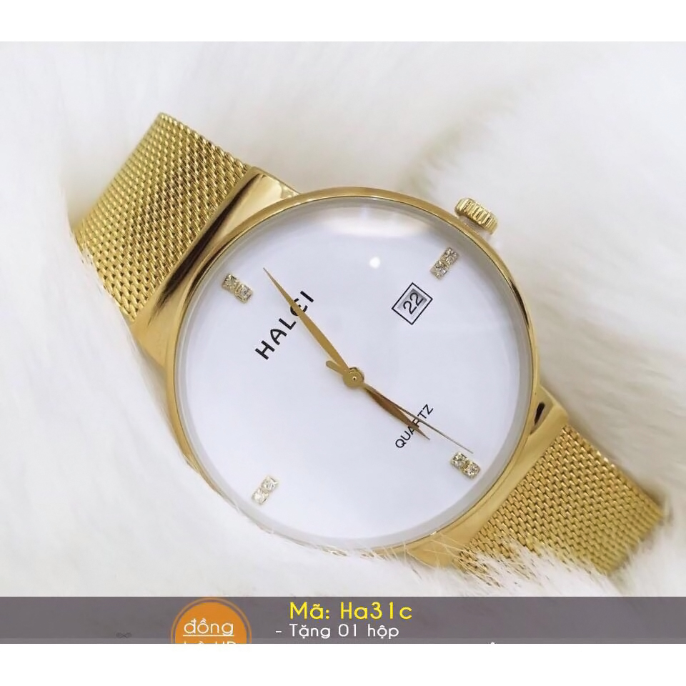 Đồng hồ cặp đôi nam nữ dây thép lụa Halei Gold Classic