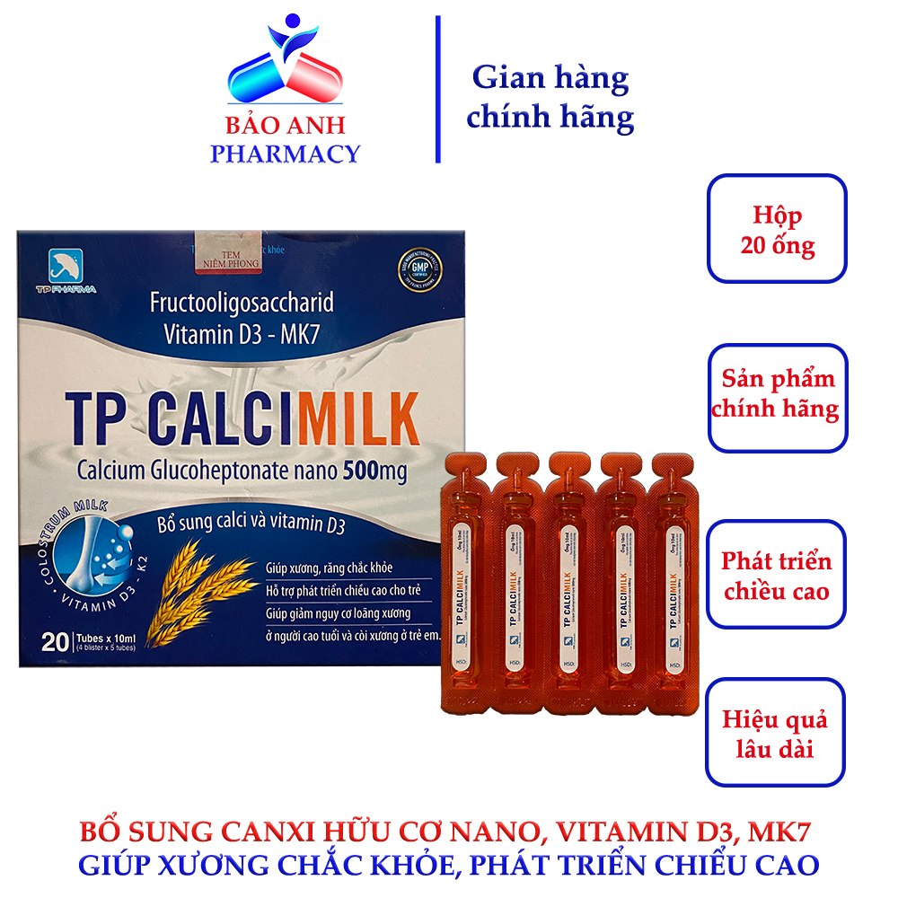 TP CALCI MILK bổ sung Canxi nano canxi hữu cơ vitamin d3 mk7 dha sữa non giúp bé phát triển chiều cao Dùng cho bé từ 2 tuổi - Hộp 20 ống