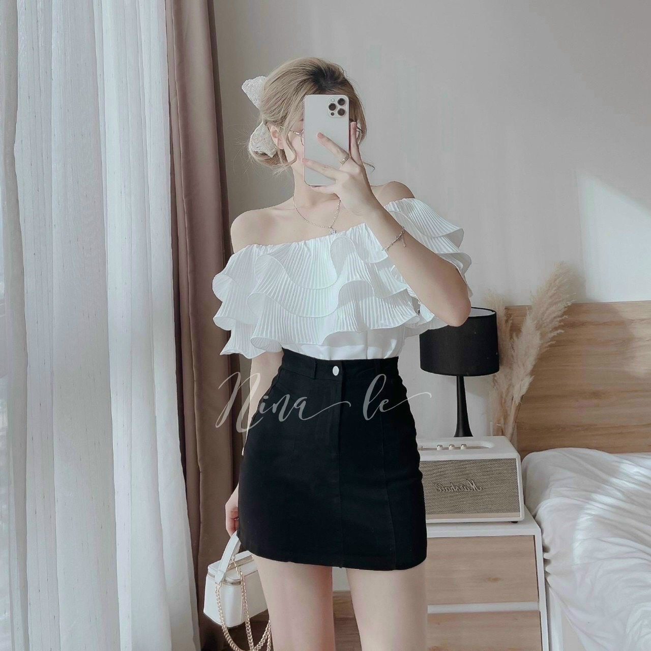 [Voucher 50k Freeship Max 0 đồng toàn quốc] Set áo trễ vai bèo nhún chân váy đen ôm ngắn set váy tiể