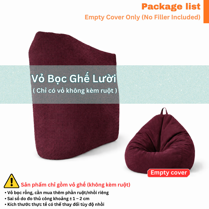 Vỏ bọc ghế Sofa lười hạt xốp 3II HOME hình trái lê vải nhung tăm cao cấp dày dặn bền đẹp phù hợp phòng khách phòng ngủ Decor hiện đại