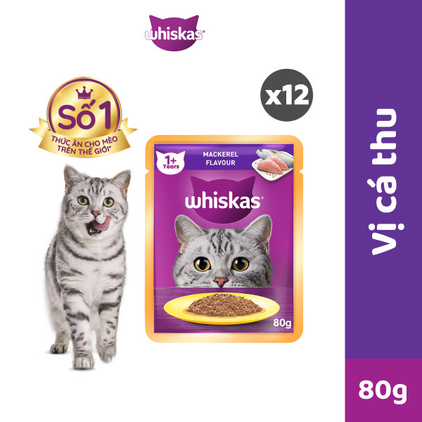 WHISKAS® Thức ăn cho mèo lớn dạng sốt (pate mèo) vị cá 80g (12 gói)