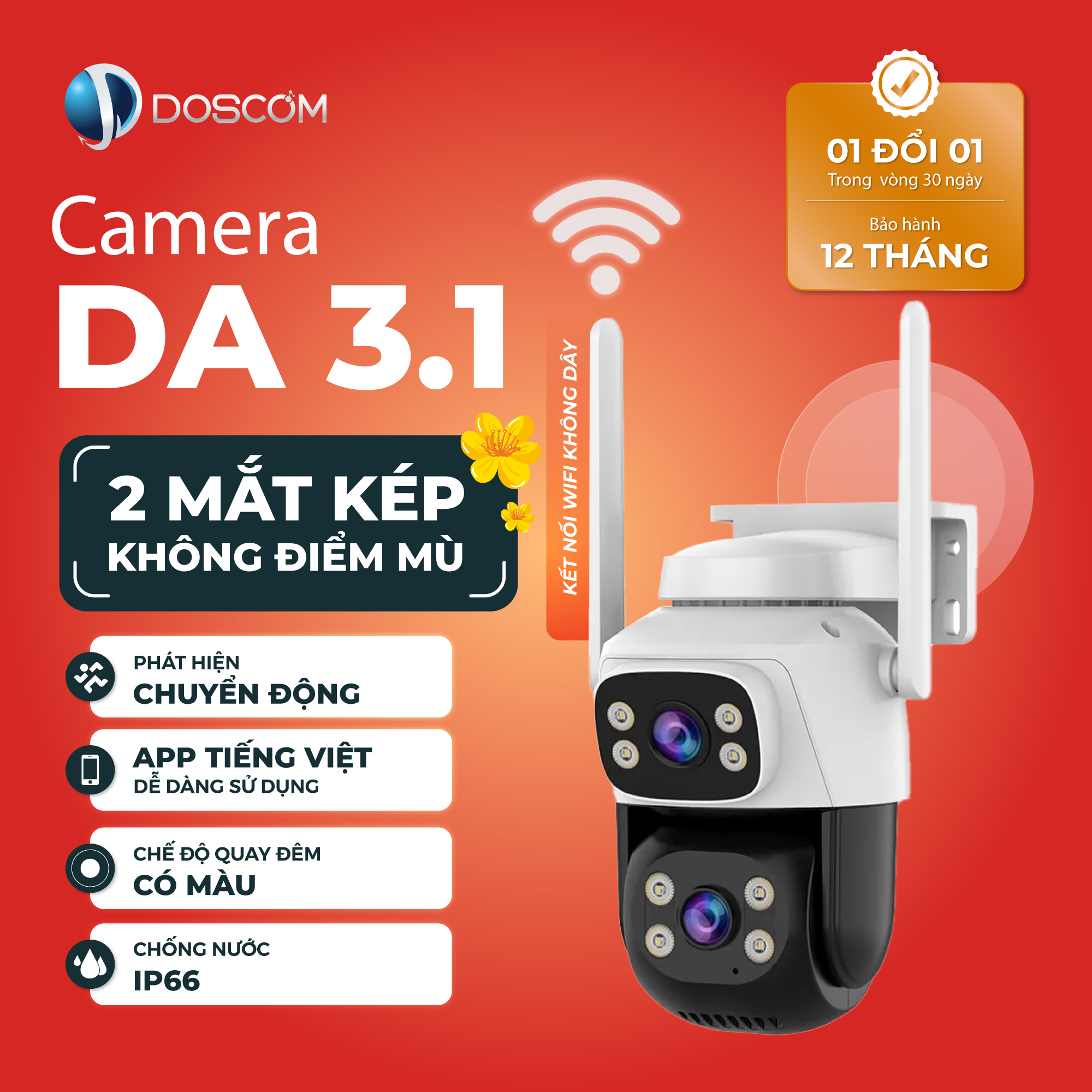 Camera Wifi Ngoài Trời Doscom DA3.1 Tích Hợp 2 Mắt Camera Kép Ống Kính Góc Rộng Không Điểm Mù