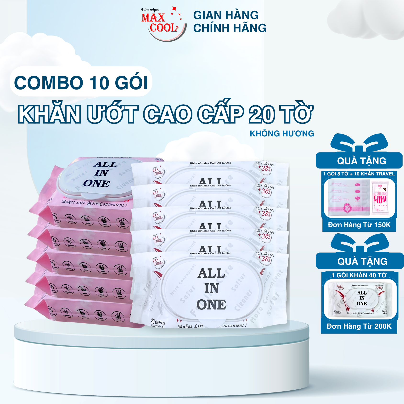 Combo 10 Gói Khăn giấy ướt ALL IN ONE 20 tờ hương tự nhiên - Vải siêu dày hàng chính hãng mini tiện dụng