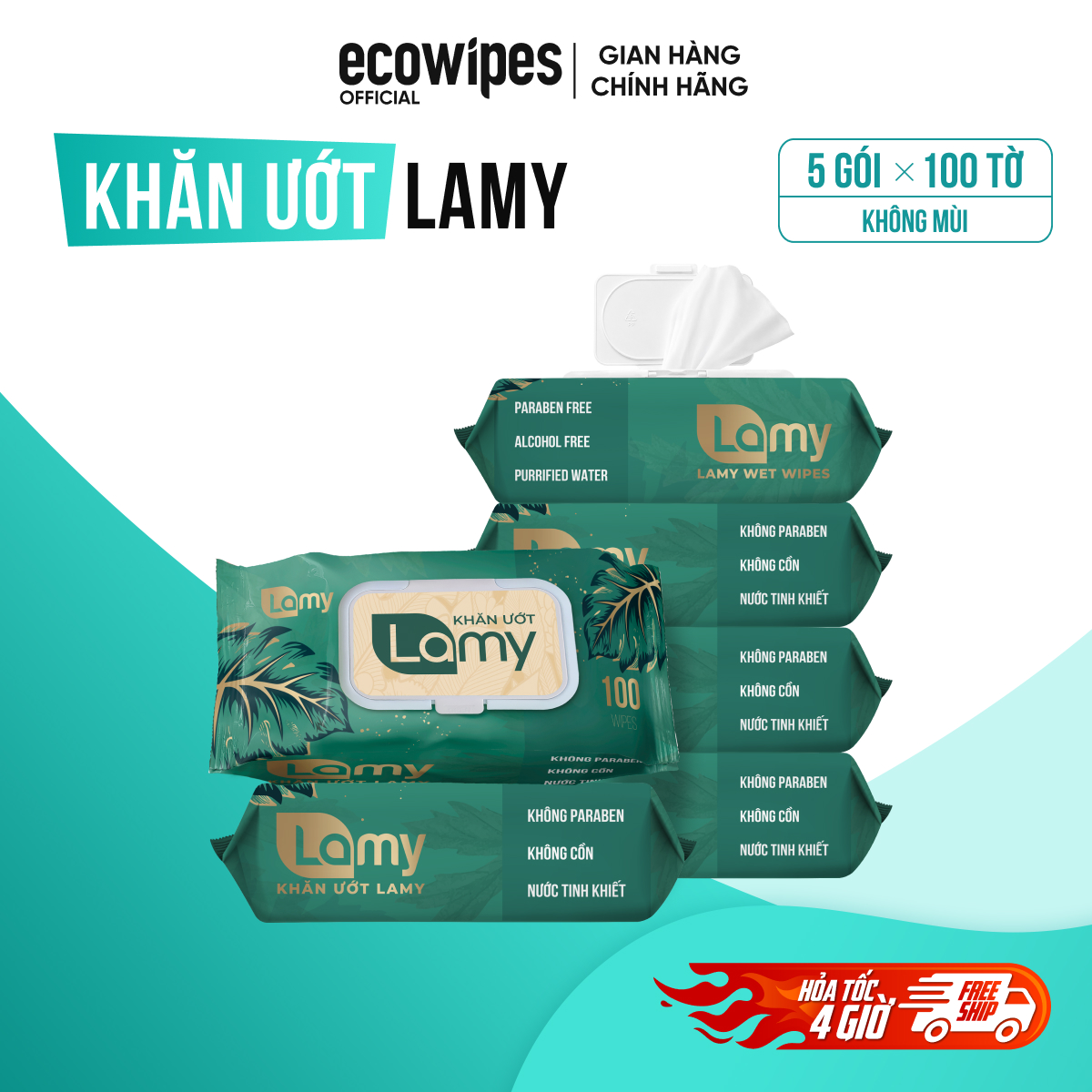 Thùng 5 gói khăn ướt LAMY 100 tờ không mùi không cồn không chất tẩy trắng