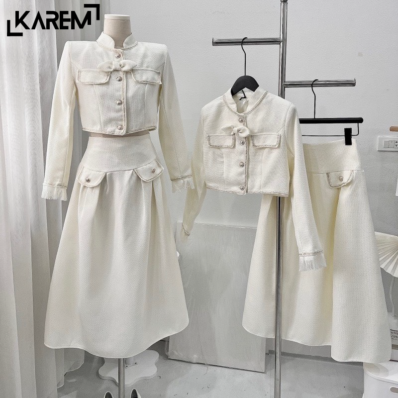 Set váy dạ nơ trắng phối viền kim tuyến KRV02 Karem chân váy dáng dài sang trọng cho mùa đông