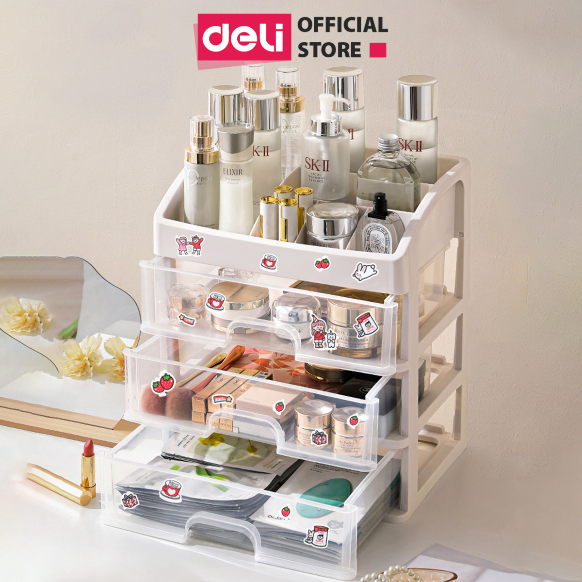Kệ đựng mỹ phẩm nhựa nhiều tầng để bàn trong suốt Deli kệ đưng đồ trang điểm hộp lưu trữ văn phòng phẩm VS
