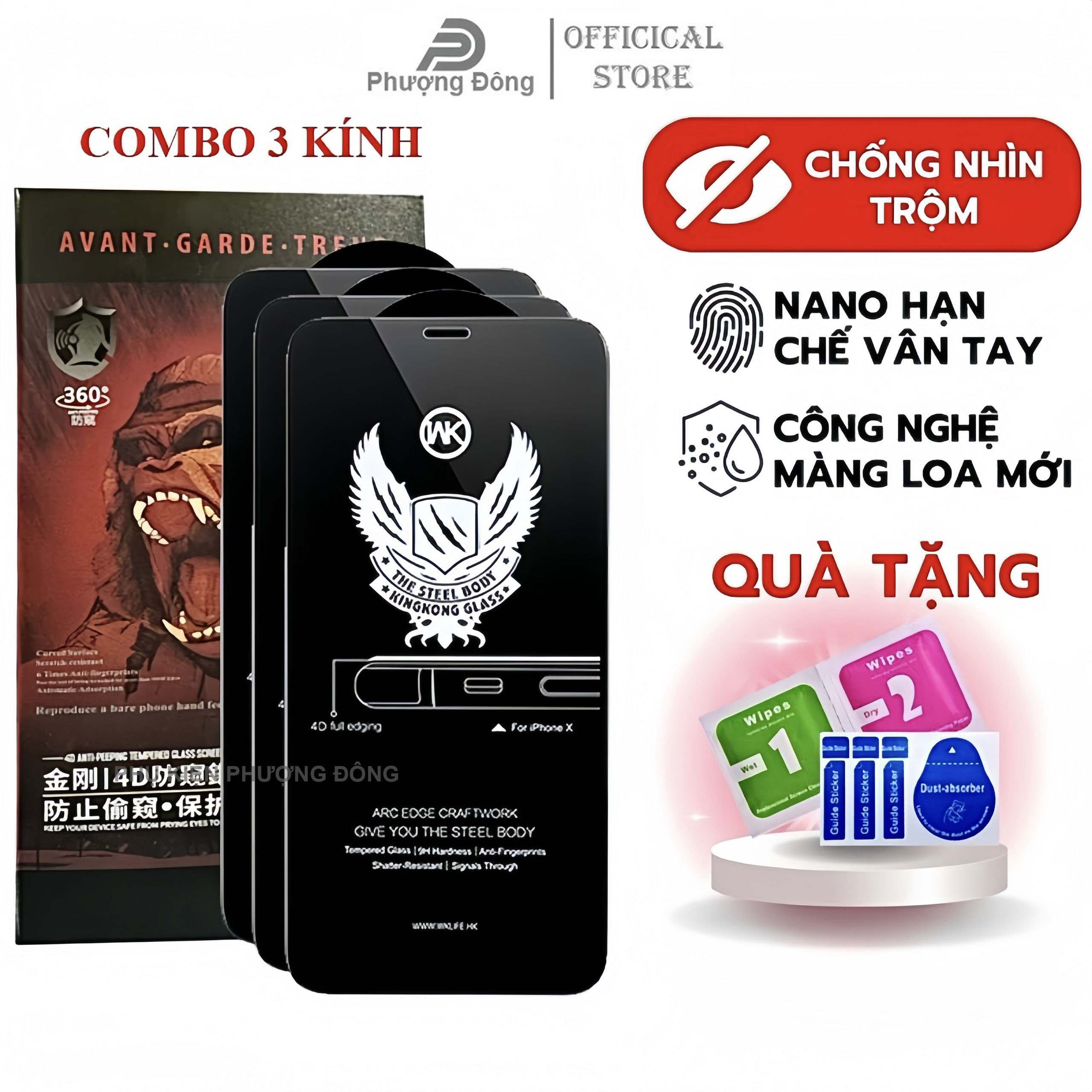 COMBO 3 Chiếc Kính cường lực ip chống nhìn trộm 4D Kingkong chính hãng Wekome cho ipx 11 12 13 14 15 promax [KK đỏ 3]