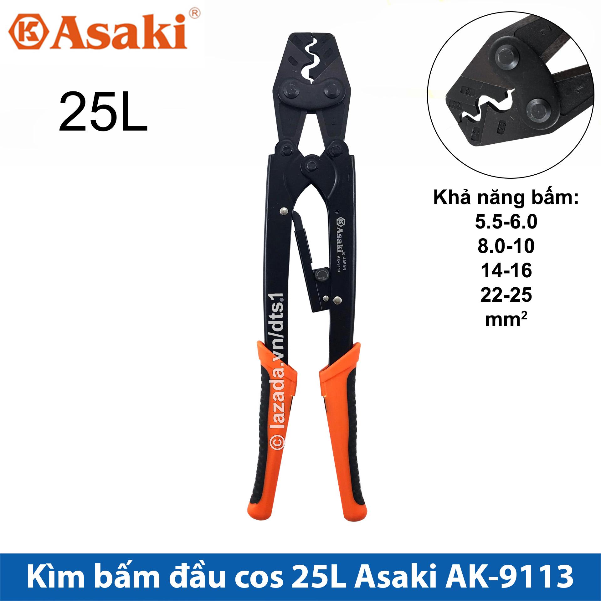 Kìm bấm cos 25L 5.5 - 25mm2 Asaki AK-9113 Kềm bấm cốt 25L (Kìm bấm đầu cote Asaki) Thiết kế theo dạng cộng lực để tăng lực bấm Đầu kìm chính xác bấm nhanh dễ dàng thao tác