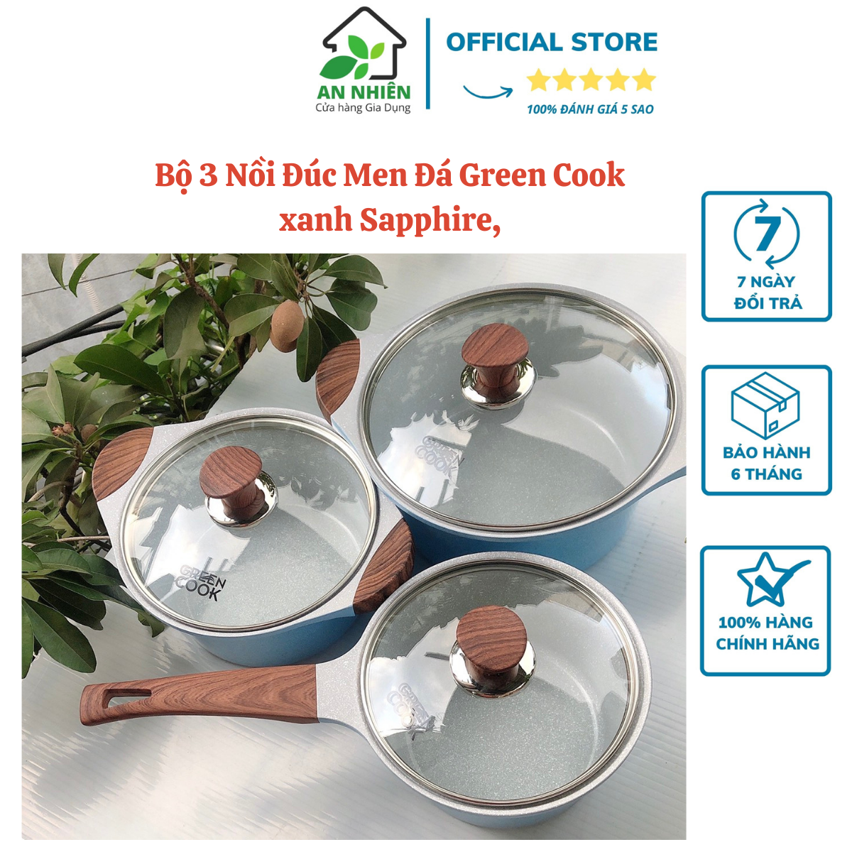 Bộ nồi đúc men Green Cook GCS09 đá xanh Sapphire Gồm 1 nồi quánh size 18 cm 1 nồi size 20 cm và 1 nồ