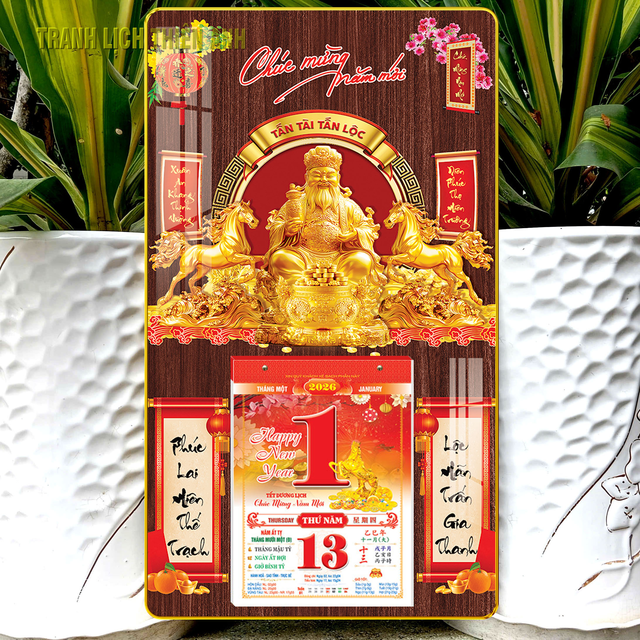 Lịch 2026 Thần tài Kích thước: 34x60cm bọc viền vàng kèm bloc 14.5x20.5cm (TN)