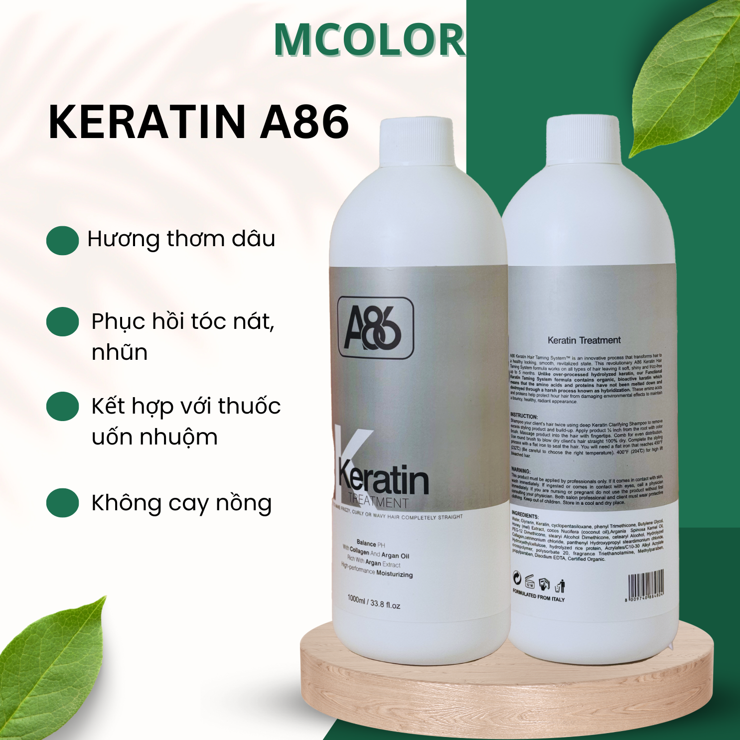 Keratin A86 phục hồi tóc hư tổn tóc nhũn hương dâu không gây bết tóc chai 1000ml