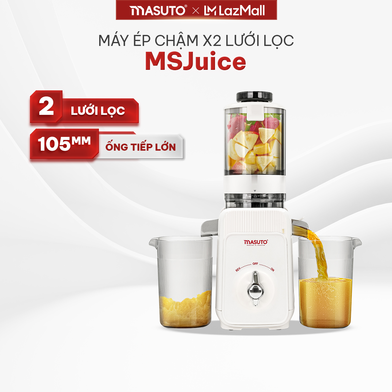 Máy ép chậm trái cây Masuto ép nguyên quả kiệt bã dung tích 06l bảo hành 12 tháng
