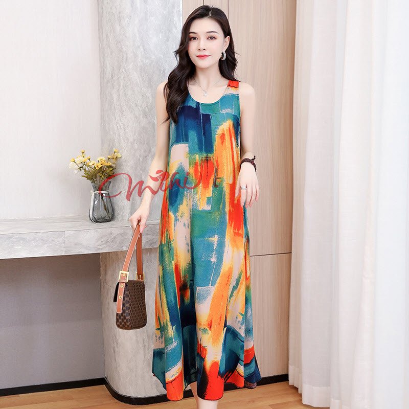 Váy đầm nữ trung niên cho người lớn tuổi V18 họa tiết dáng suông dài - Thời trang trung cho mẹ bà tr