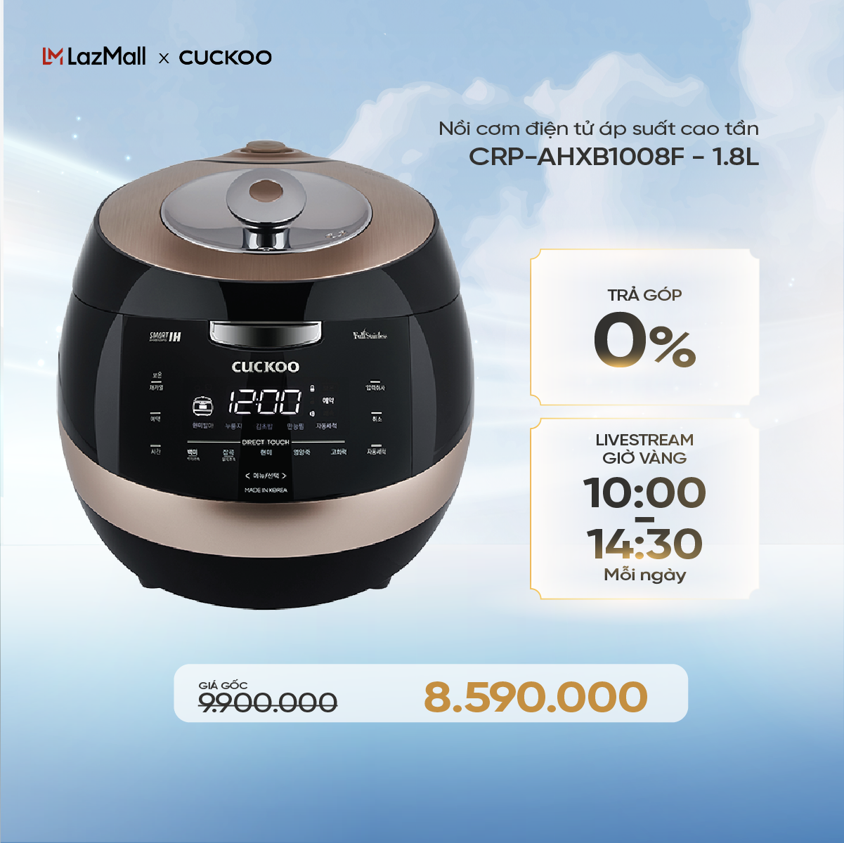 Nồi cơm điện tử áp suất cao tần Cuckoo 1.8L CRP-AHXB1008F - Lòng nồi phủ men Xwal độc quyền - Bảng đ