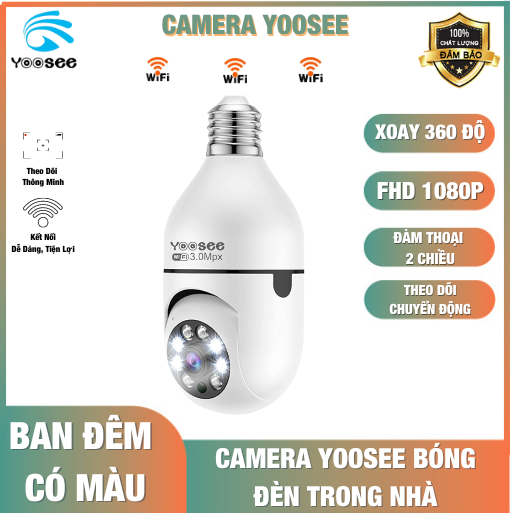 Camera Yoosee Bóng Đèn FHD 1080p  kiểu dáng độc đáo xoay 360 độ hỗ trợ hồng ngoại và flash màu quay 