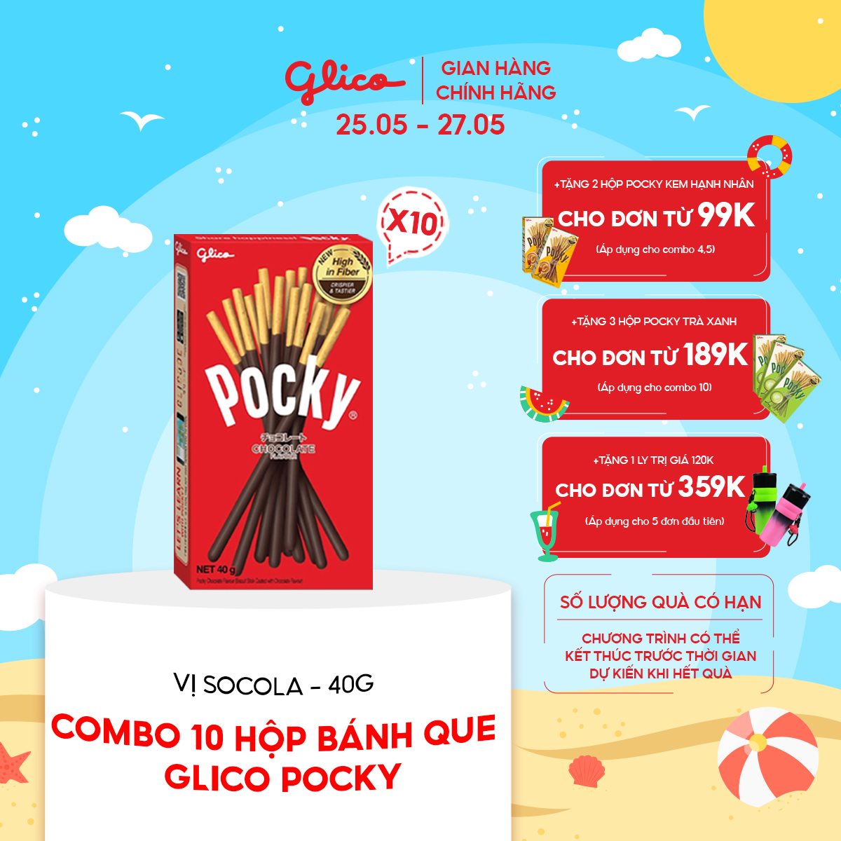 Combo 10 Hộp Bánh Que Phủ Kem Socola Glico Pocky Chocolate Flavour 40G