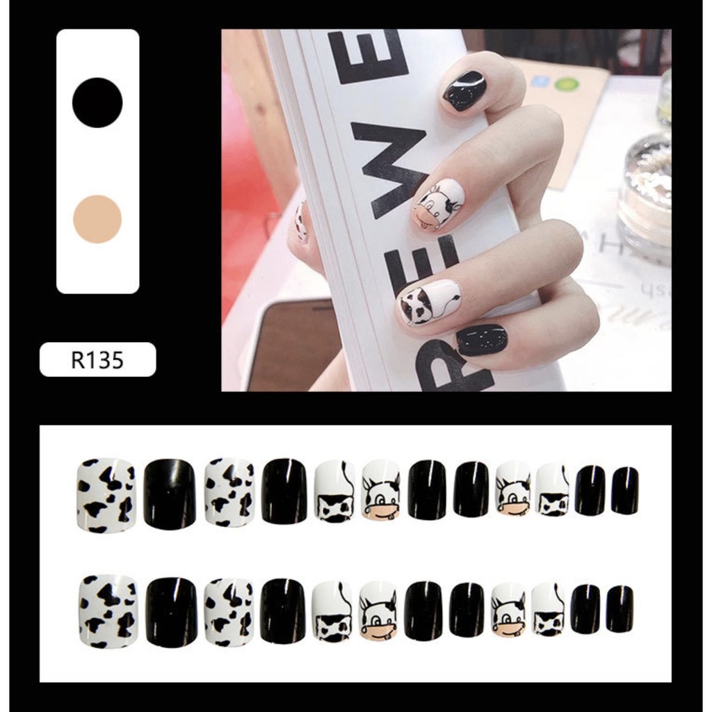 Móng Tay Bò Sữa - Móng Vuông Nail 24 Móng Tay Giả Kèm Keo Tự Dán Móng Tại Nhà Trong 5 Phút Mẫu Bò Sữa Cute