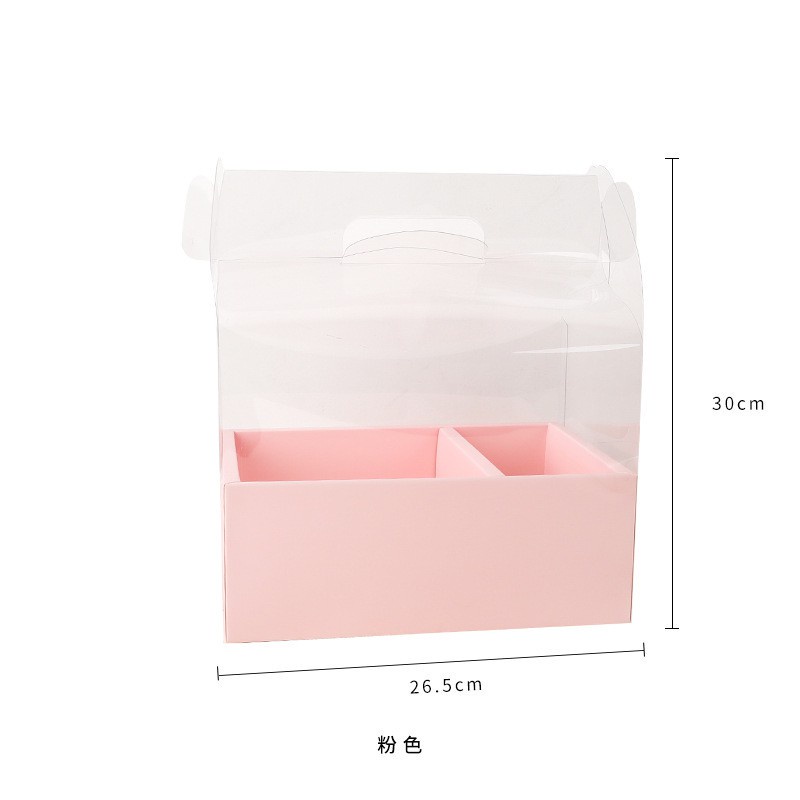 Hộp giỏ quà bằng giấy 2 ngăn túi mica trong suốt giỏ đựng hoa quả bánh kem kèm nơ ruy băng 20/11 VUA