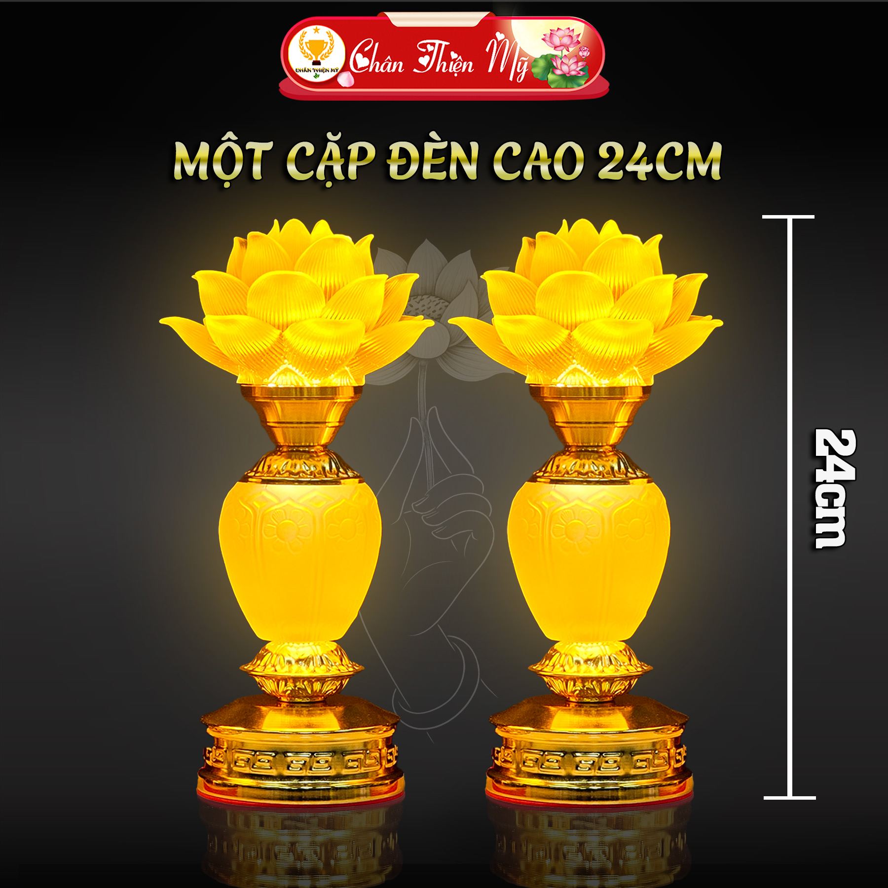 Đèn Thờ Bình Sen Vàng Lưu Ly Cao Cấp CHÂN THIỆN MỸ Đèn Để Trang Trí Bàn Thờ Đồ Thờ Cúng