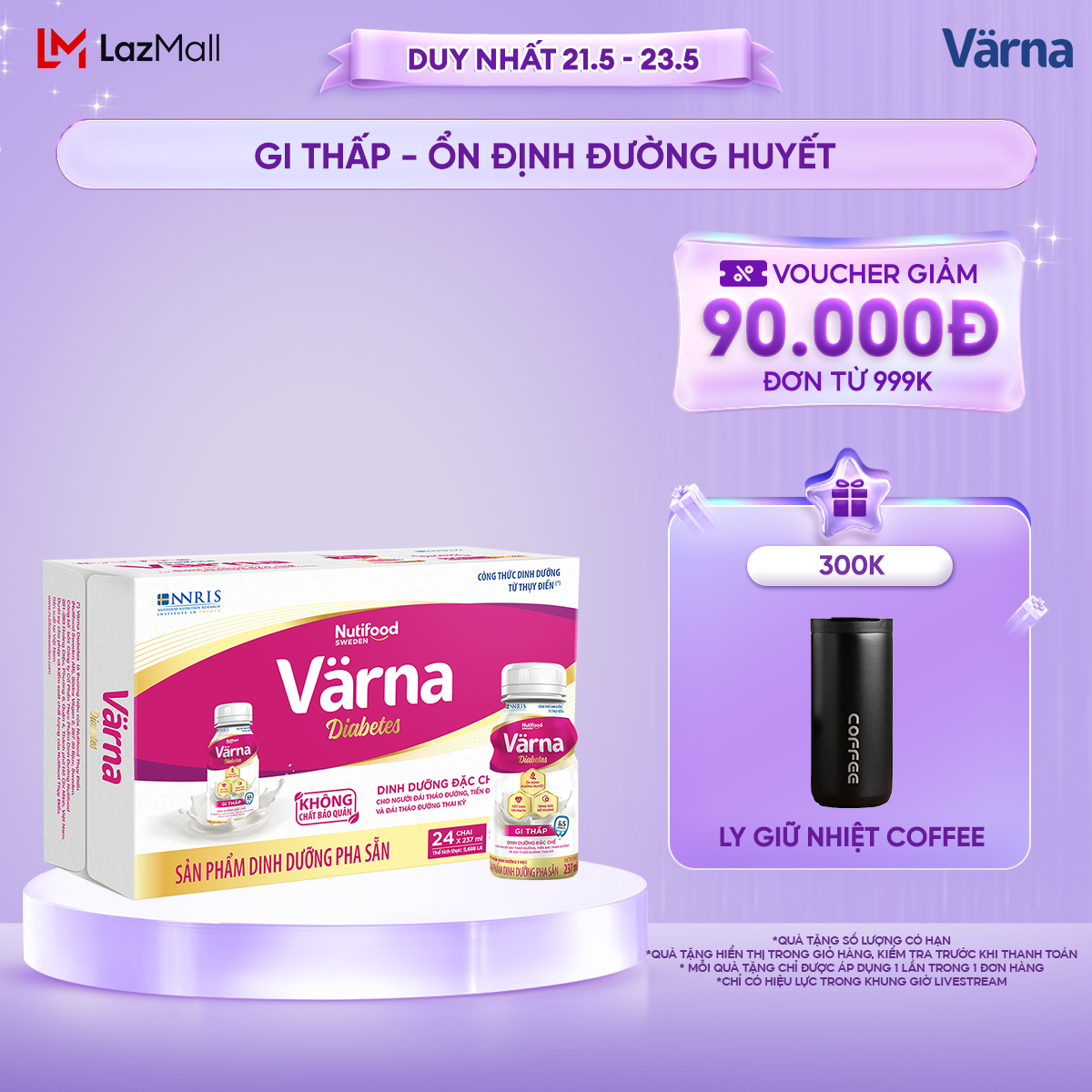 Thùng sữa bột pha sẵn Varna Diabetes - Ổn định đường huyết (GI thấp) (24 chai x 237ml) - Varna