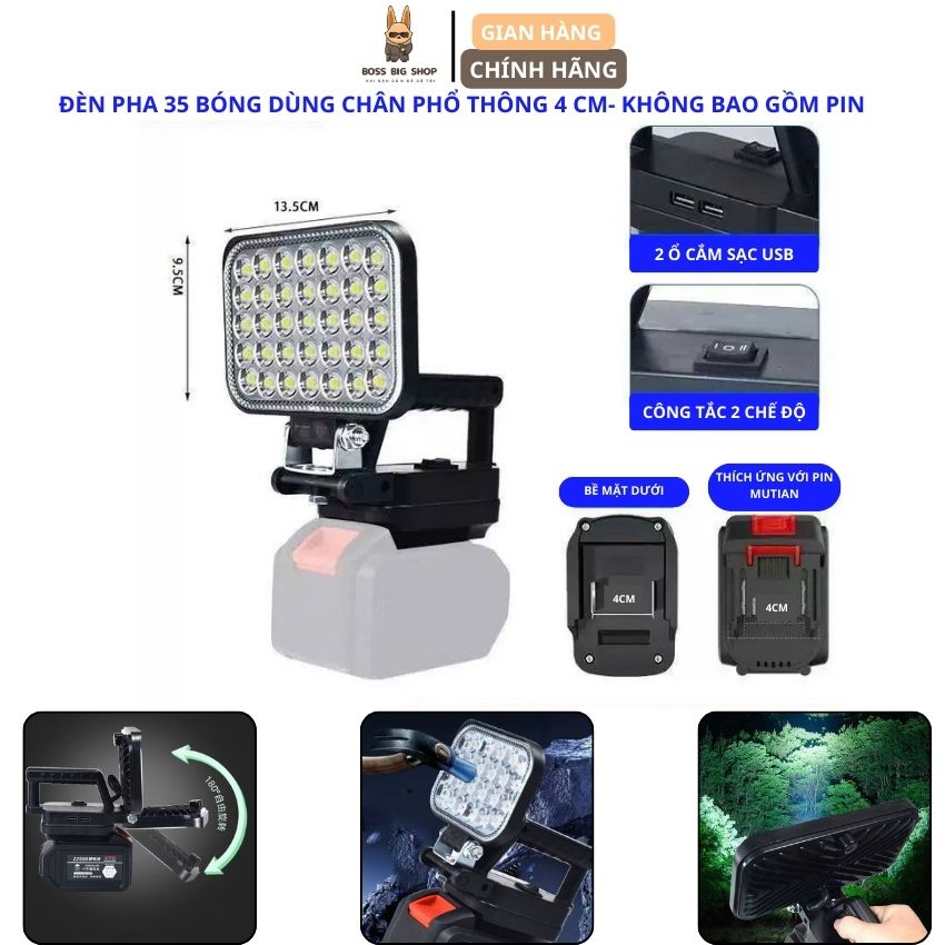 Đèn Pha Led 35 Bóng Gắn Pin Siêu Sáng Chân Cắm 4 Cm Có Tay Cầu 2 Cổng Sạc USB Công Tắc 2 Chế Độ