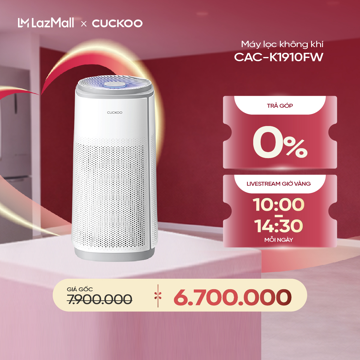 Máy lọc không khí Cuckoo CAC-K1910FW - Kích thước 67m², Bộ lọc 3 lớp, LED hiển thị chỉ số PM2.5