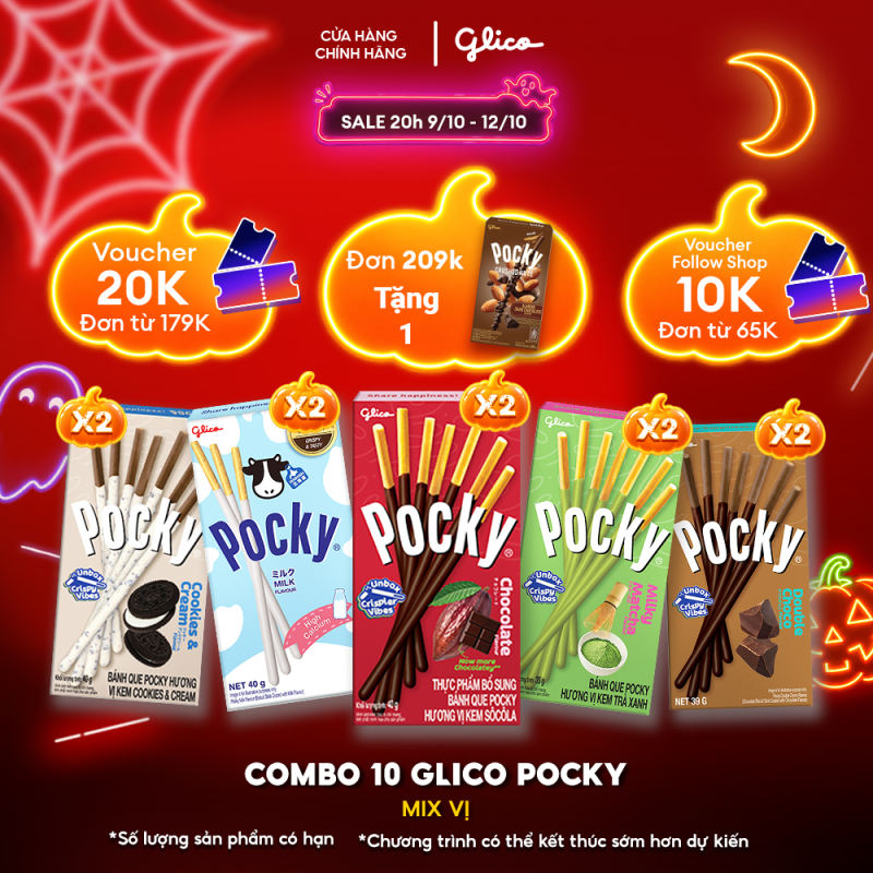 Combo 10 Hộp Bánh Que Phủ Kem Nhiều Vị Glico Pocky (00449_2 Cookie & Cream - 2 Matcha - 2 Sữa Hokkaido - 2 Double Choco - 2 Socola)