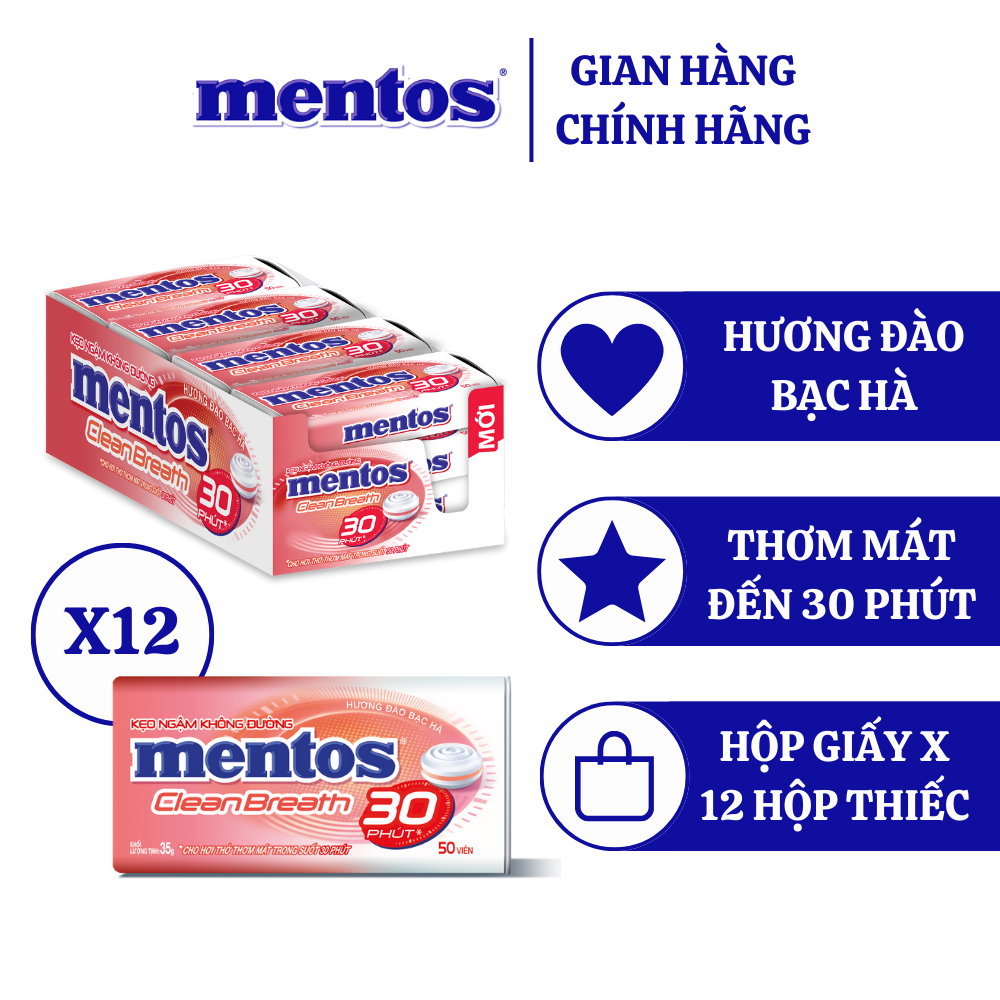 Kẹo Ngậm Không Đường Mentos Clean Breath nhiều hương (Hộp 12 hủ)