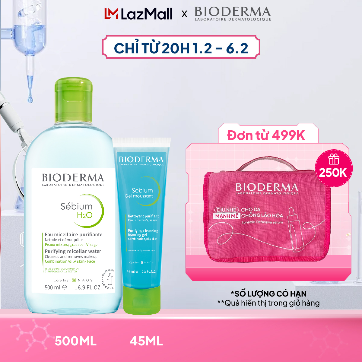 Bộ nước tẩy trang và làm sạch micellar cho da dầu mụn Bioderma Sebium H2O 500ml và gel rửa mặt tạo b