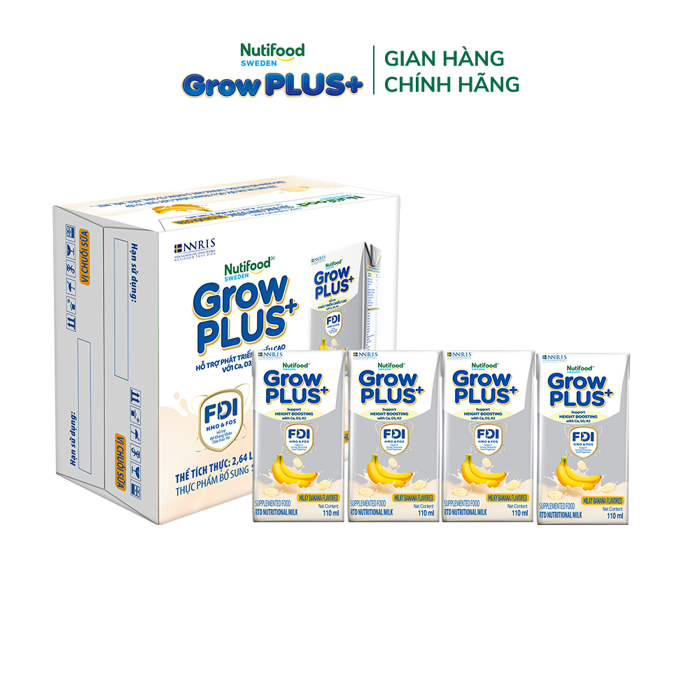 Combo 2 Thùng 24 hộp Sữa bột pha sẵn Nutifood Sweden GrowPLUS+ Vị Chuối Sữa hộp 110ml - Hỗ trợ phát triển chiều cao