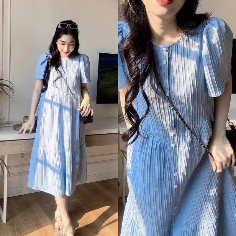 Váy babydoll Đầm váy bầu Babydoll ba tầng gài cúc from rộng chất Đũi gân