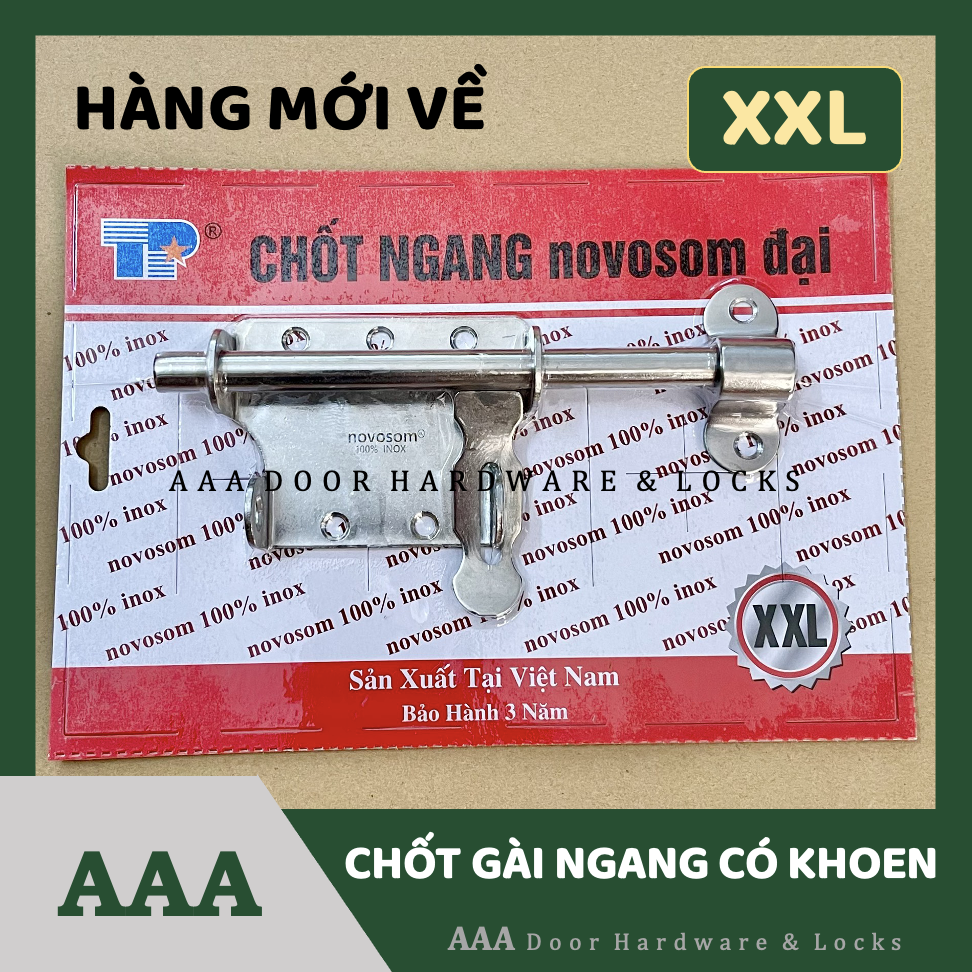 [Novosom XXL] Chốt gài ngang inox XXL Novosom có khoen móc ổ khoá - Chốt gài cửa inox - Chốt ngang X