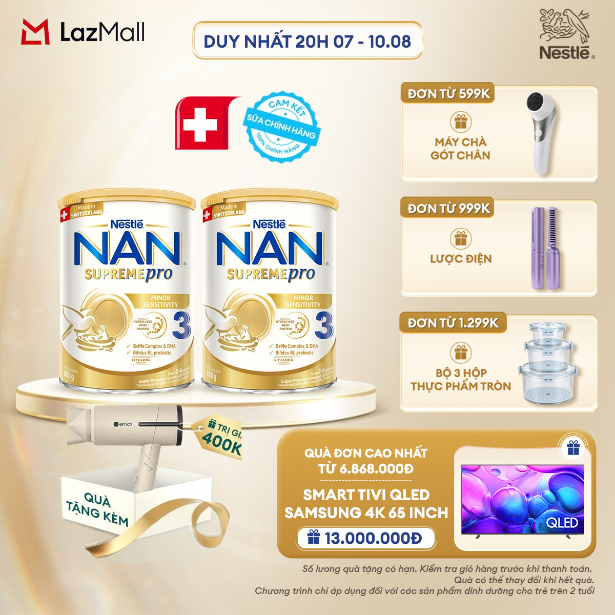 [CHỈ 20H 07-10.08 QT ĐƠN 599K/999K/1299K] [Tặng máy sấy tóc] Combo 2 lon Sữa Bột Nestlé NAN SUPREMEPRO 3 800g Nhập Khẩu Đức Cho Bé 2 - 6 Tuổi Chứa Đạm Whey Thủy Phân 1 Phần 5-HMOs & Lợi khuẩn BIFIDUS BL