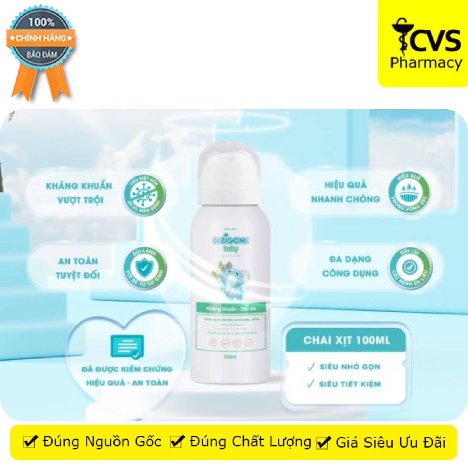 Xịt kháng khuẩn Dizigone Baby - Giúp làm sạch kháng khuẩn làm dịu da - Chai 100/300ml - CVS Pharmacy