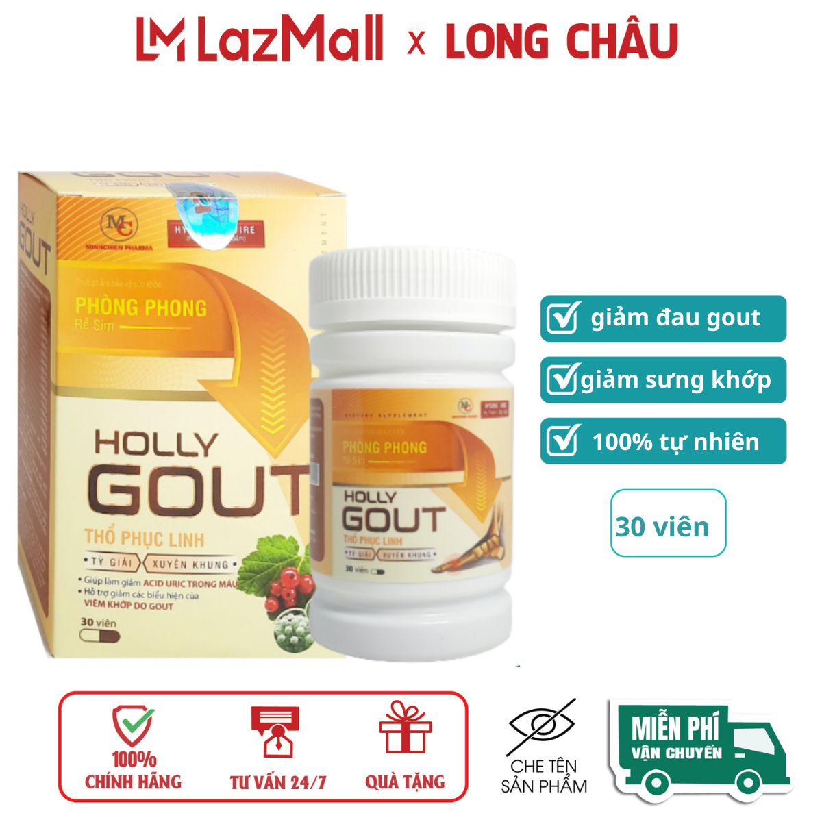 Viên uống Holly Gout giúp giảm sưng đau nhức khớp ngón chân bàn chân do gout (hộp 30 viên)