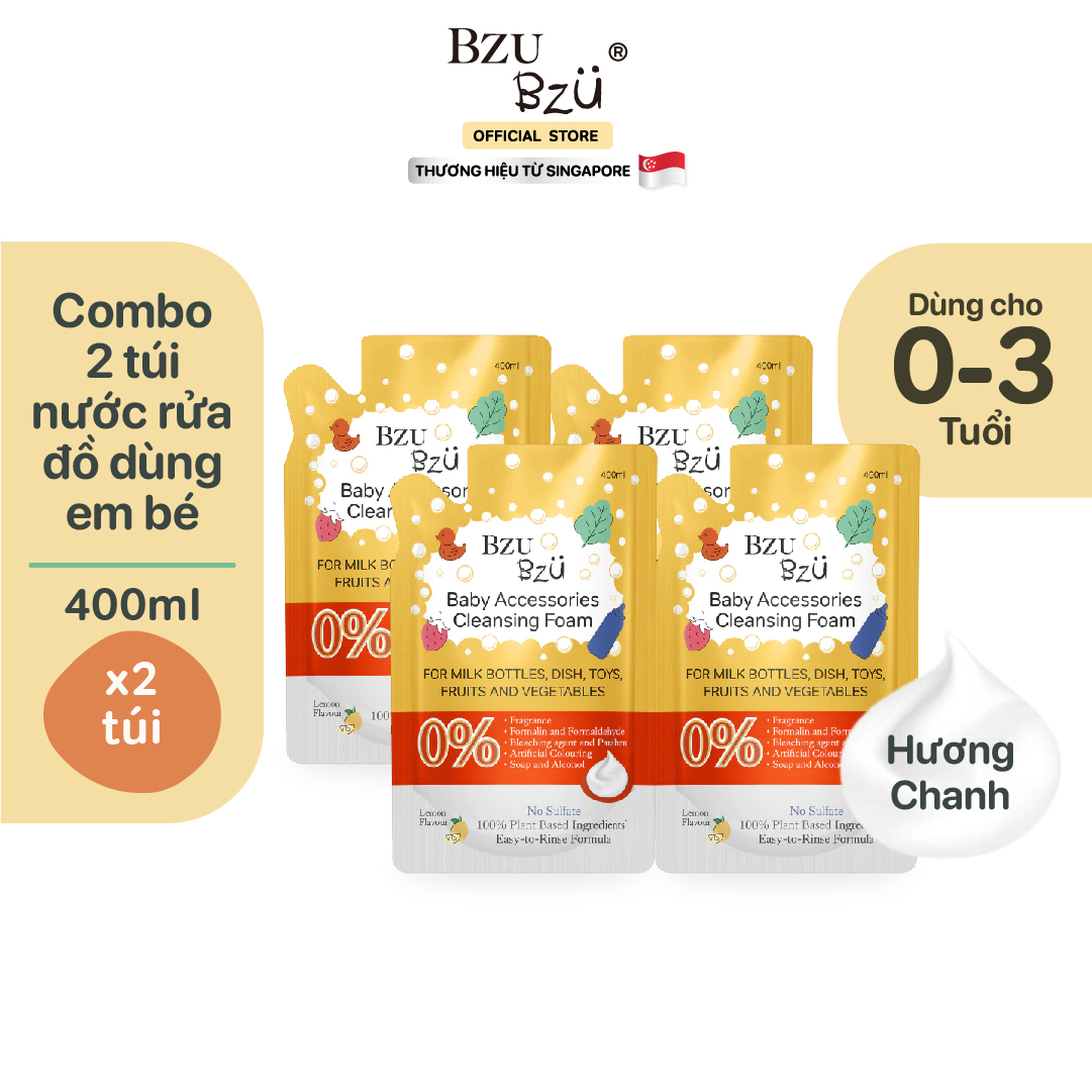 Combo 4 Túi nước rửa bình em bé thuần thực vật BZU BZU 400ml Không mùi / Hương Chanh