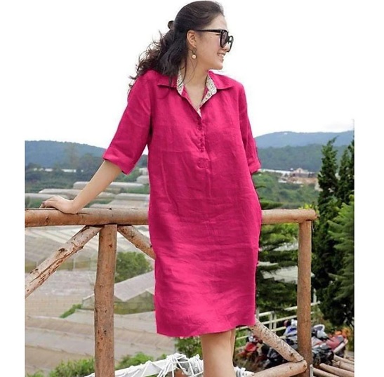 Đầm suông Linen Hàn tay lỡ công sở cổ đức cổ pha vải hoa chất vải Linen tưng Hàn mềm mát thích hợp mùa hè