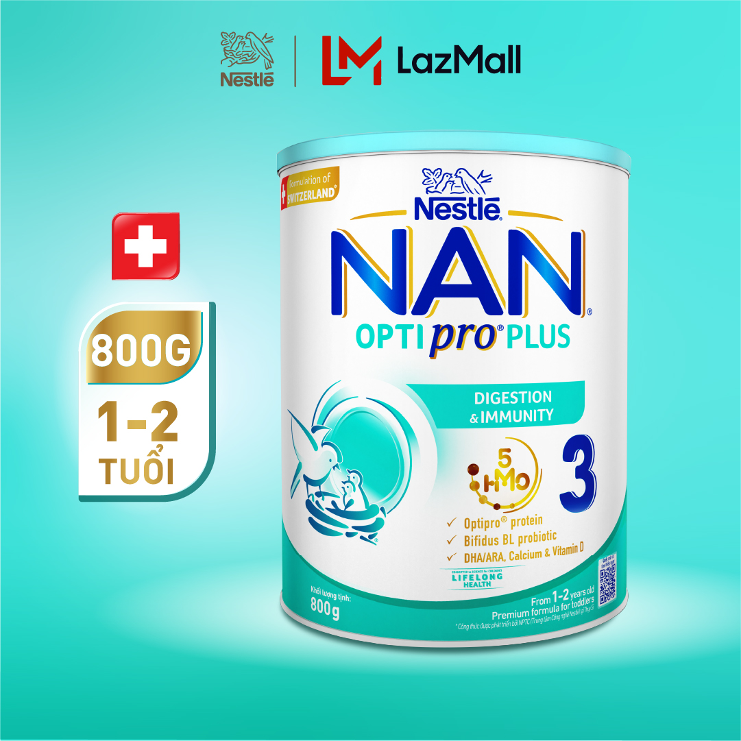 Sữa bột Nestlé NAN OPTIPRO PLUS 3 với 5HMO xuất xứ Thụy Sĩ - Hộp 800g cho bé từ 1- 2 tuổi - Sữa công thức dinh dưỡng cho trẻ giúp hỗ trợ tiêu hóa đề kháng trí não và phát triển toàn diện