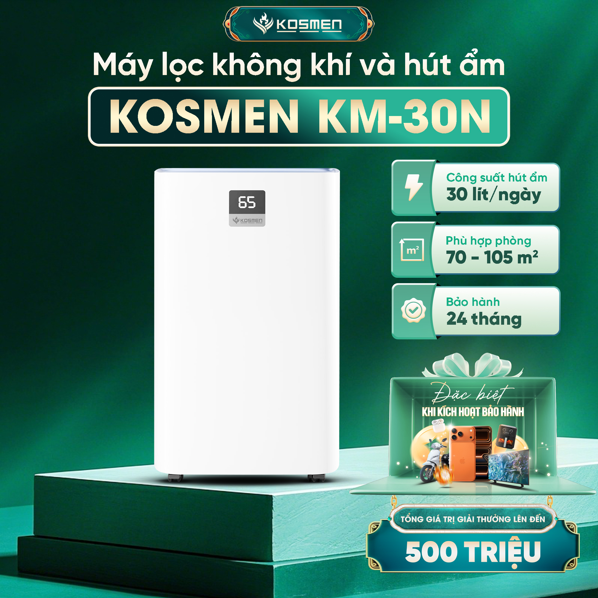 Máy hút ẩm và lọc không khí Kosmen KM-30N - Thiết bị đa năng cho không gian sống khỏe mạnh