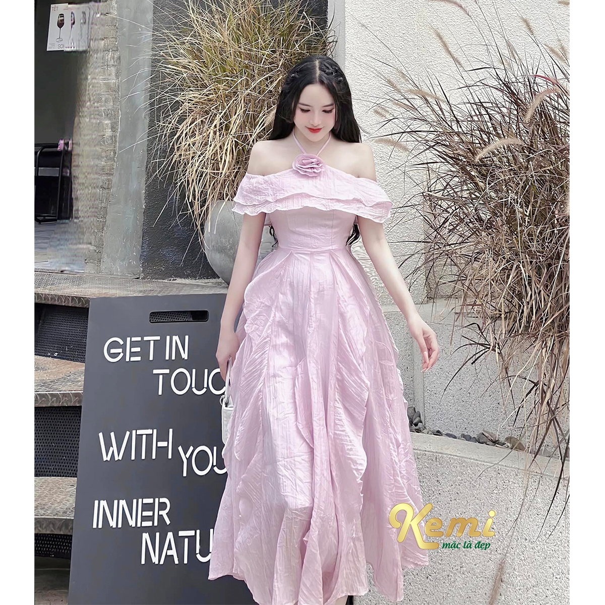 Váy đi tiệc đầm tiểu thư 2 dây yếm hoa dáng dài xếp tầng Kemi chất Tơ mềm mặc chụp hình dã ngoại sự 