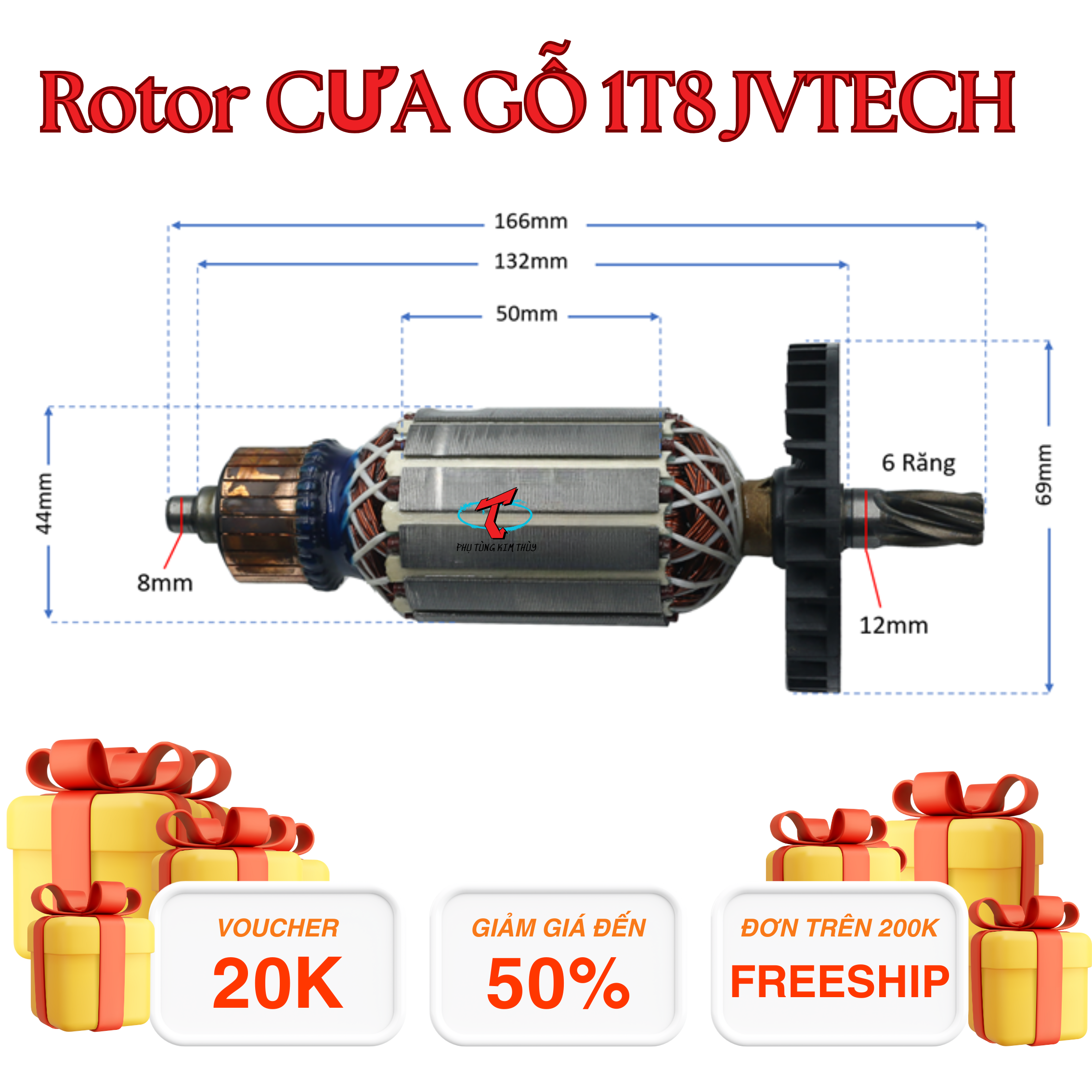 Rotor/ rô/ ruột máy cưa gỗ T8 Jvtech/ PM2000 thân 44 - 165 6 răng TẶNG CHỔI THAN