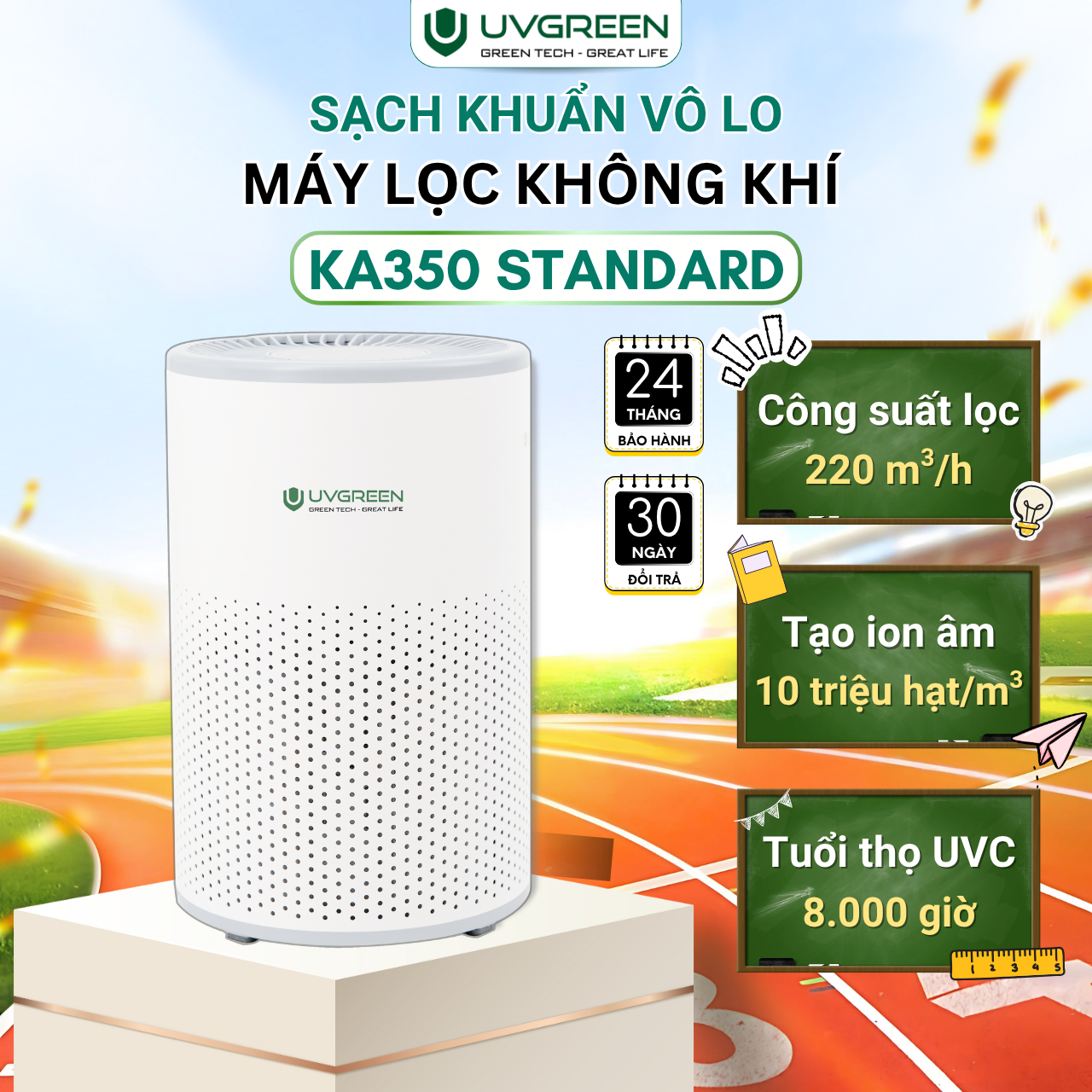 Máy lọc không khí UVGREEN KA350 UVC LIGHT - Lõi lọc HEPA H13, Diệt khuẩn UVC LED, Kích thước 40m²