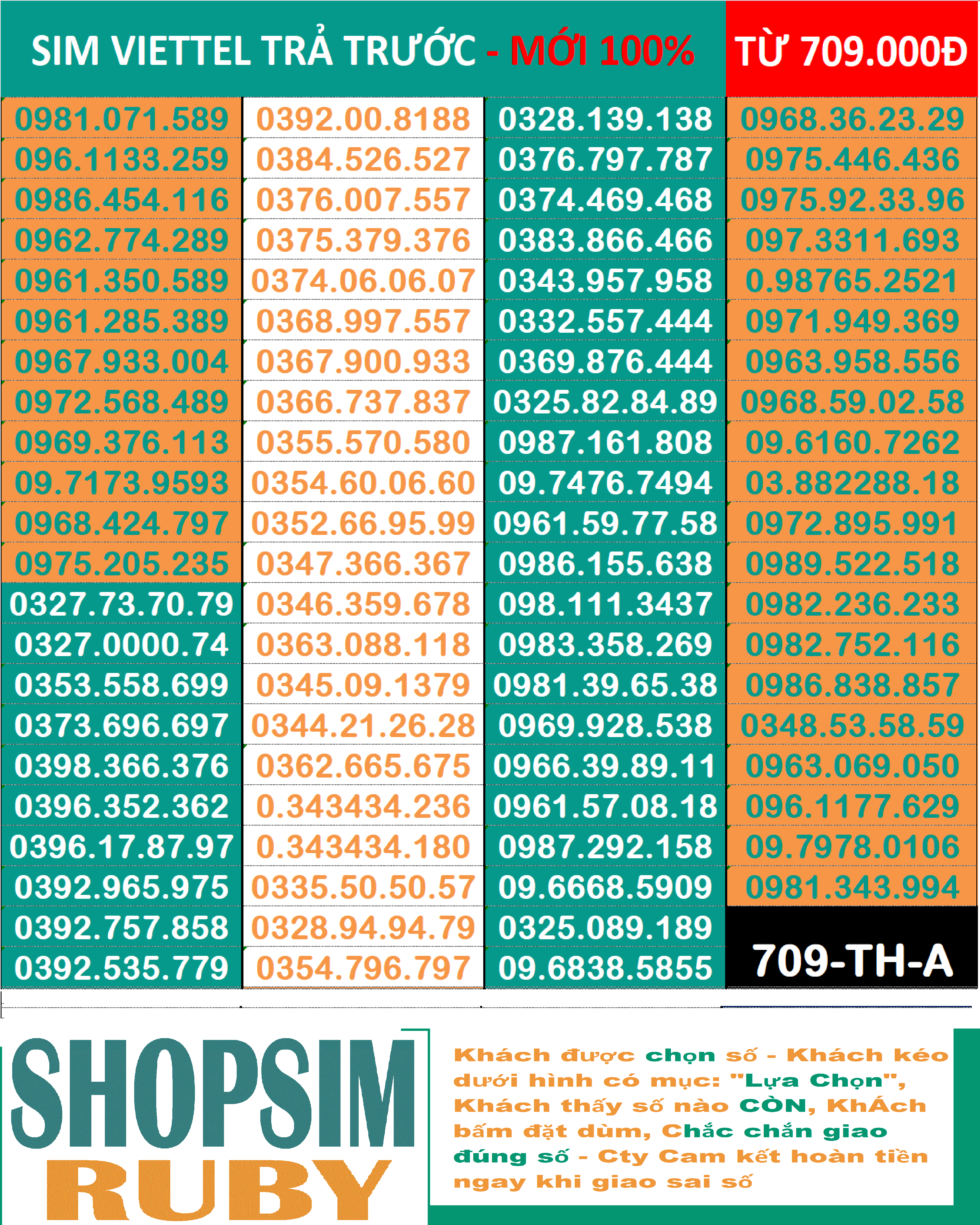 Sim đẹp Viettel đầu 09 Trả trước Sim Nghe Gọi 4g Nhắn tin Chưa Kích hoạt Sim mới 100% Chưa đăng ký tên ai Mặc định gói cước Tomato và có kèm hơn 100 gói cước hấp dẫn từ nhà mạng Viettel. - Shopsim Ruby