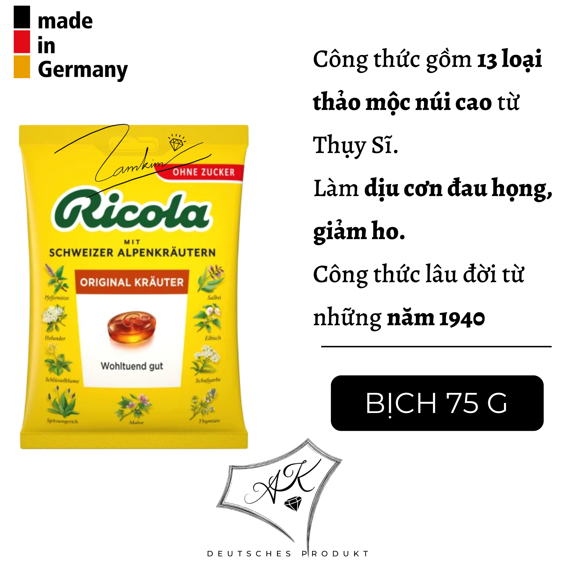 [ Hàng Đức ] Kẹo ngậm ho thảo mộc Ricola gói 75g giảm ho giảm khàn giọng